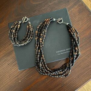 Vintage Silpada Sterling 925: 6 strand Palm Wood Necklace and Bracelet Set